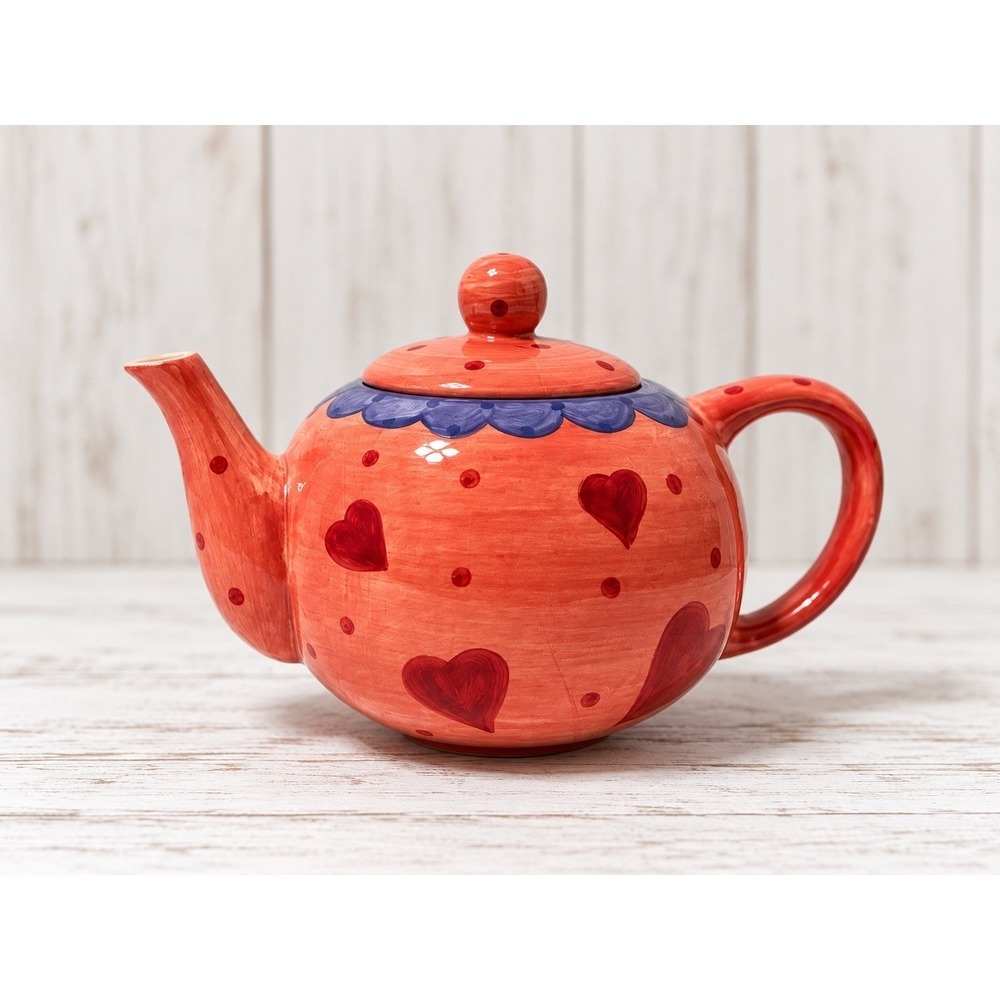 Gates Ware by Laurie Gate Ceramic Teapot Red Heart Polka Dot Whimsical Tea Pot